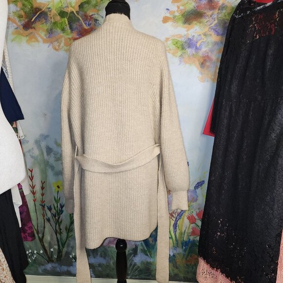 Wool Knit Beige Long Cardigan Sweater With Tie Belt - Picture 4 of 11